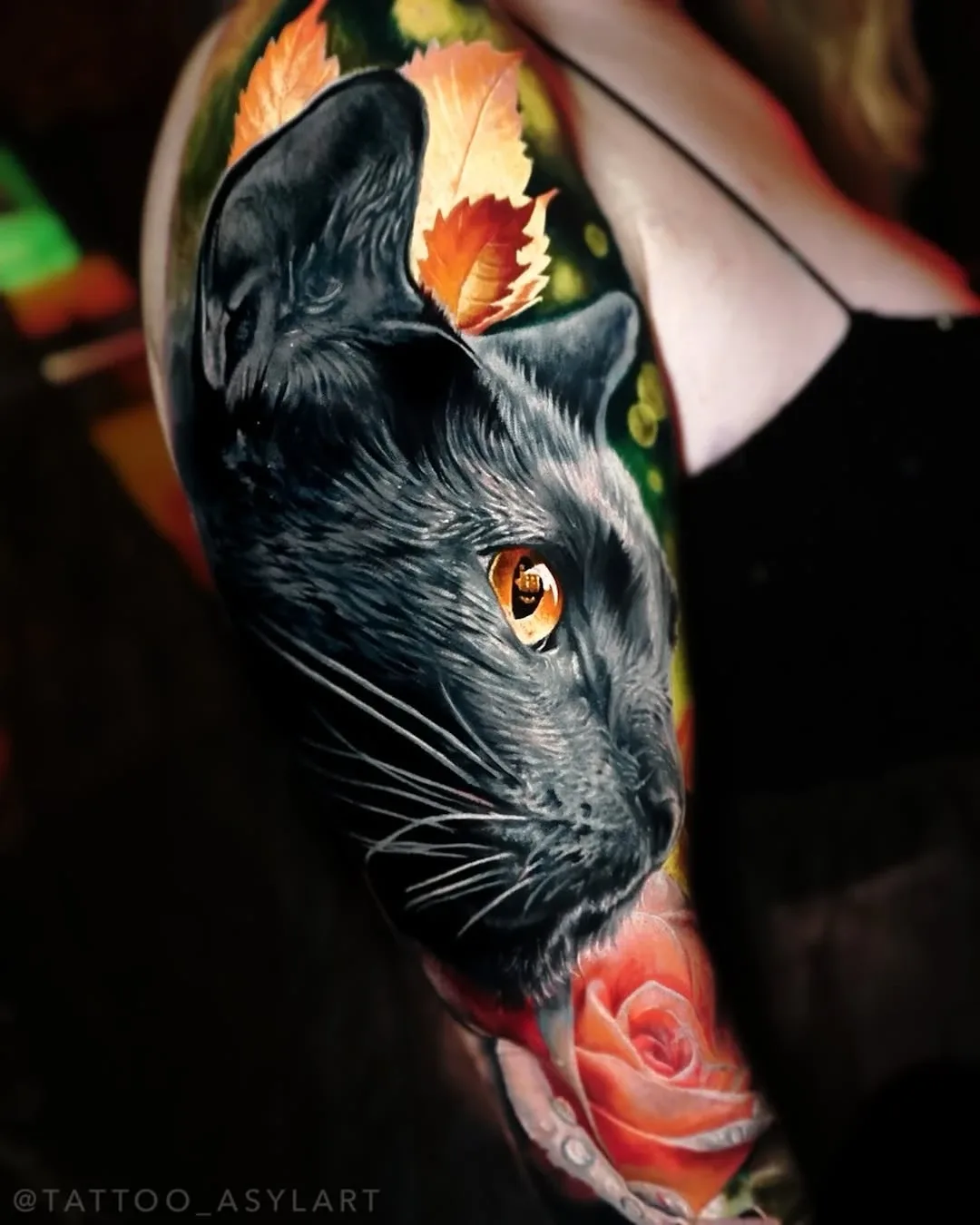 Katze, Blätter und Rose als Tattoo von Ace, Stil Color